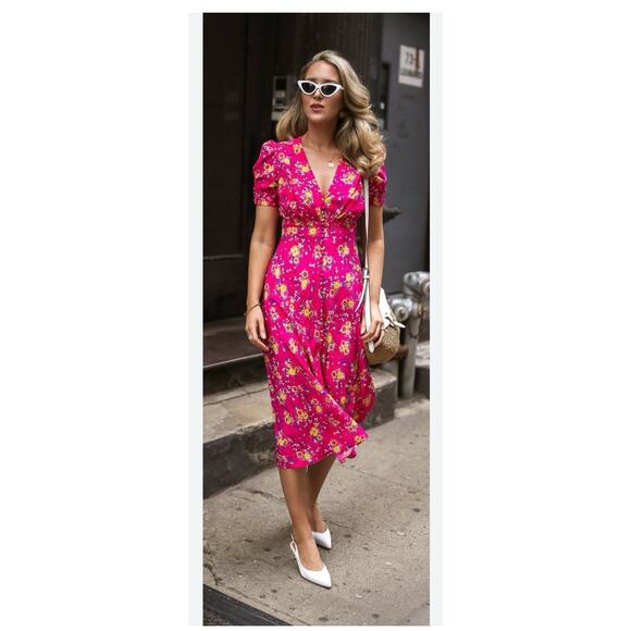 Saloni Lea Silk Pink Floral Button-Front Midi Dress Puff Sleeves US 0 Feminine - Picture 8 of 16